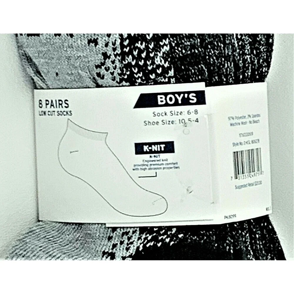 K Swiss Boys 8 Pairs Low Cut Socks Grey/Black w Color Size 6-8 Shoe Size 10.5-4